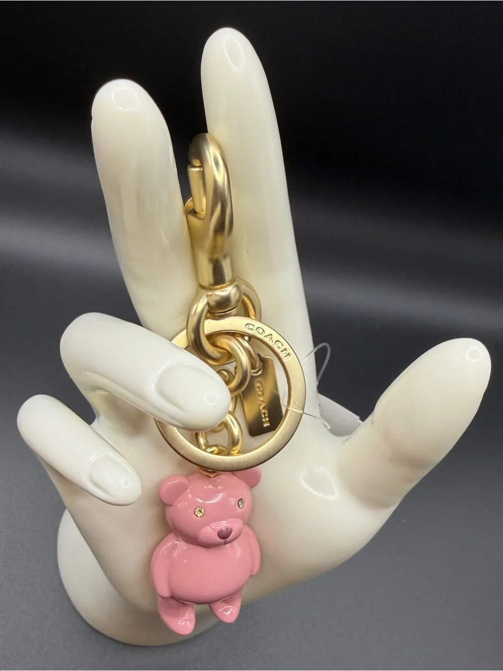 Coach Pink Bear Charm Key Ring with Gold Hardware